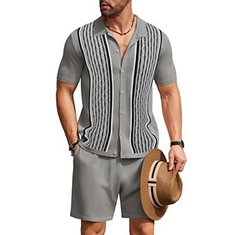 COOFANDY Men's 2 pc Shirt Sets Vintage Knit Short Sleeve Button Down Polo Shirts Shorts Outfits