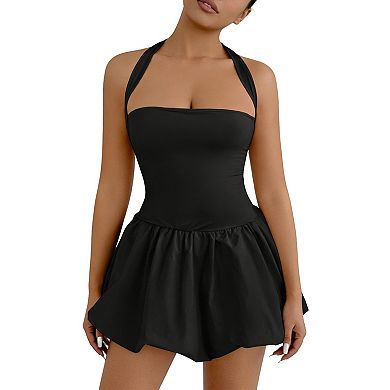 Women's Halter Neck Bubble Hem Mini Dress Sleeveless Party Dress