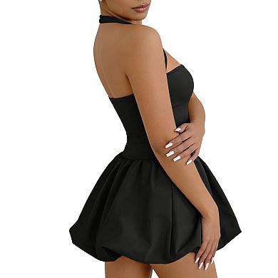 Women's Halter Neck Bubble Hem Mini Dress Sleeveless Party Dress