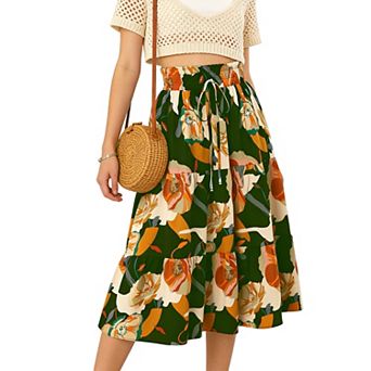Women's Floral Tiered Midi Skirt - Elastic Waist with Self-Tie, Flowy Ruffle Casual Summer Skirt