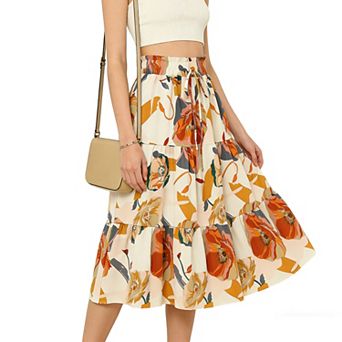 Women's Floral Tiered Midi Skirt - Elastic Waist with Self-Tie, Flowy Ruffle Casual Summer Skirt