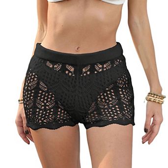 Women's Crochet Knit Cover-Up Shorts - Sheer Openwork Beach Shorts with Elastic Waist for Summer