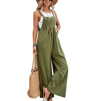 Women's Cotton Linen Overalls Wide Leg Jumpsuit with Pockets for Casual Summer Wear