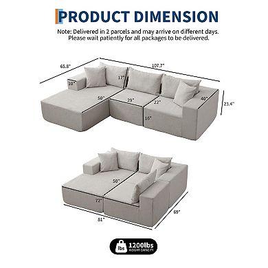 108"Modular Cloud Couch, L-Shape Left Chaise, Boneless Sofa Bed, No Assembly Required