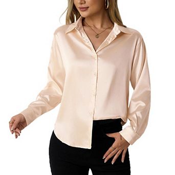Women's Satin Button Down Shirt Long Sleeve Collared Blouse for Office & Casual Wear