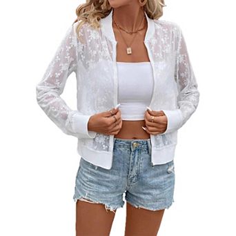 Women's Summer Sheer Floral Lace Bomber Jacket Long Sleeve Zip-Up Casual Lightweight Outerwear Coat