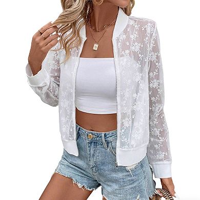 Women's Summer Sheer Floral Lace Bomber Jacket Long Sleeve Zip-Up Casual Lightweight Outerwear Coat