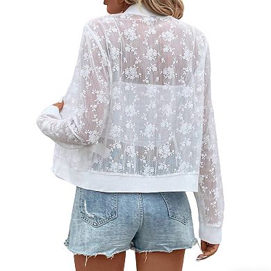 Women's Summer Sheer Floral Lace Bomber Jacket Long Sleeve Zip-Up Casual Lightweight Outerwear Coat