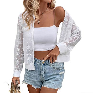 Women's Summer Sheer Floral Lace Bomber Jacket Long Sleeve Zip-Up Casual Lightweight Outerwear Coat