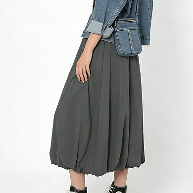 Women's Elastic Waist Bubble Hem Midi Skirt with Pockets Flowy Casual Skirt