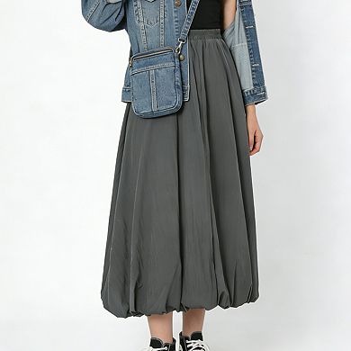 Women's Elastic Waist Bubble Hem Midi Skirt with Pockets Flowy Casual Skirt