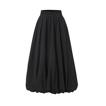 Women's Elastic Waist Bubble Hem Midi Skirt with Pockets Flowy Casual Skirt