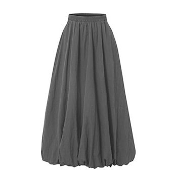 Women's Elastic Waist Bubble Hem Midi Skirt with Pockets Flowy Casual Skirt