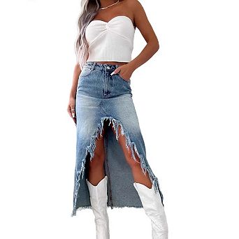 Womens Casual Slit Denim Midi Jean Skirt High Waist Frayed Distressed Button A-Line Long Jean Skirt