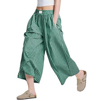 Womens Wide Leg Capri Pants Plaid Culottes Elastic Waist Palazzo Trousers Bottoms with Pockets