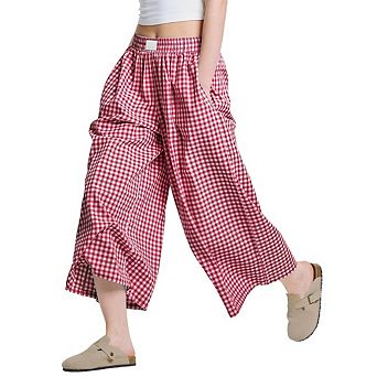 Womens Wide Leg Capri Pants Plaid Culottes Elastic Waist Palazzo Trousers Bottoms with Pockets