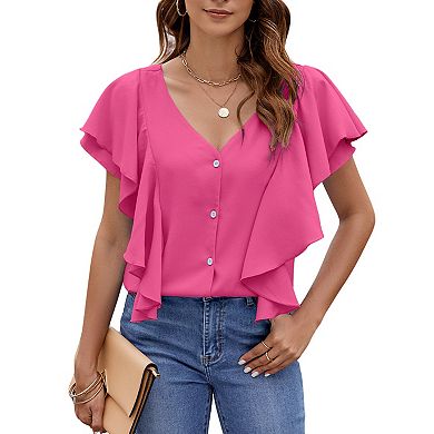 Women's Ruffle Short Sleeve Button Down Shirt Summer Casual Blouse V Neck Soft Top