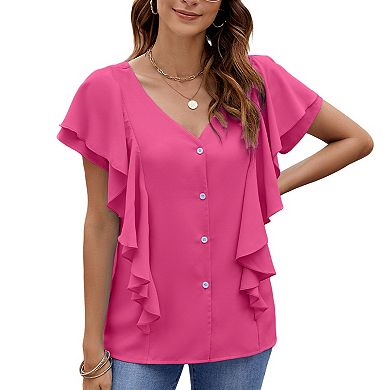 Women's Ruffle Short Sleeve Button Down Shirt Summer Casual Blouse V Neck Soft Top