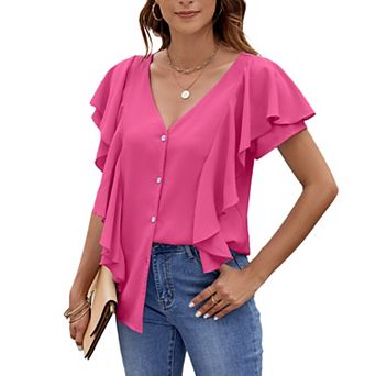 Women's Ruffle Short Sleeve Button Down Shirt Summer Casual Blouse V Neck Soft Top