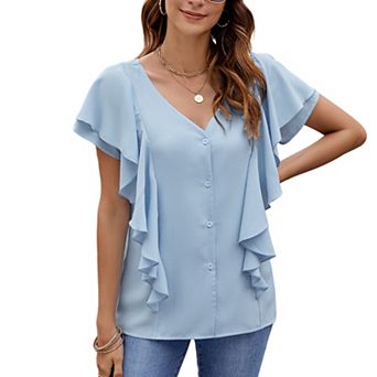 Women's Ruffle Short Sleeve Button Down Shirt Summer Casual Blouse V Neck Soft Top