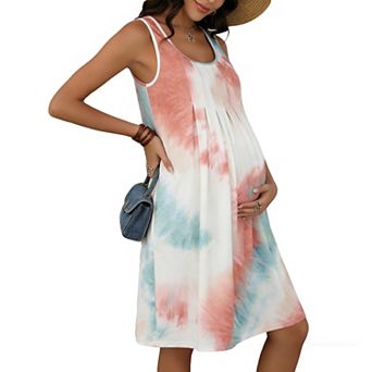 Women's Maternity Tie Dye Sleeveless Dress - Pleated Front Loose Fit Flowy Casual Summer Dress