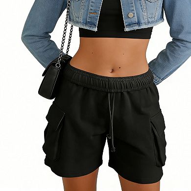 Women's Cargo Sweat Shorts - Elastic Drawstring Waist Casual Shorts with Pockets for Everyday Wear