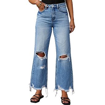 Women's High Waist Flare Jeans Casual Y2K Distressed Frayed Hem Ripped Knee Pants