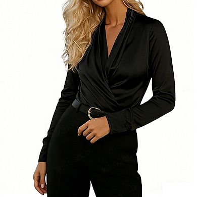 Women's Long Sleeve Satin Blouse Draped V Neck Wrap Front Fitted Cuff Tops