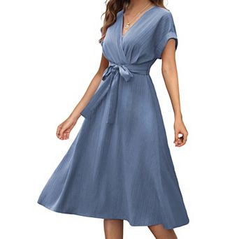 Women's Wrap V Neck Short Sleeve Midi Dress Casual Tie Waist A Line Dresses for Summer