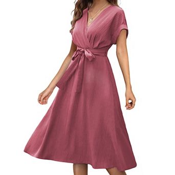 Women's Wrap V Neck Short Sleeve Midi Dress Casual Tie Waist A Line Dresses for Summer