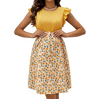 Women's Maternity Nursing Dress with Ruffle Sleeves Floral Print Tie Waist Casual Dress
