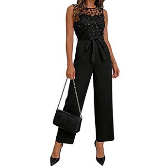 Women's Sleeveless Floral Applique Wide Leg Jumpsuit - 3D Mesh Tie Waist Formal Party Jumpsuit