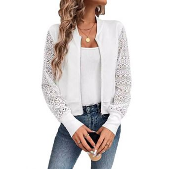 Women's Lace Long Sleeve Bomber Summer Jacket Cropped Zip Up Casual Outerwear Coat