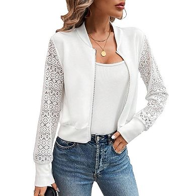 Women's Lace Long Sleeve Bomber Summer Jacket Cropped Zip Up Casual Outerwear Coat
