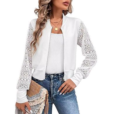 Women's Lace Long Sleeve Bomber Summer Jacket Cropped Zip Up Casual Outerwear Coat