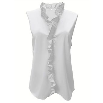 Women's Ruffle Trim V-Neck Sleeveless Chiffon Blouse - Commuter Top