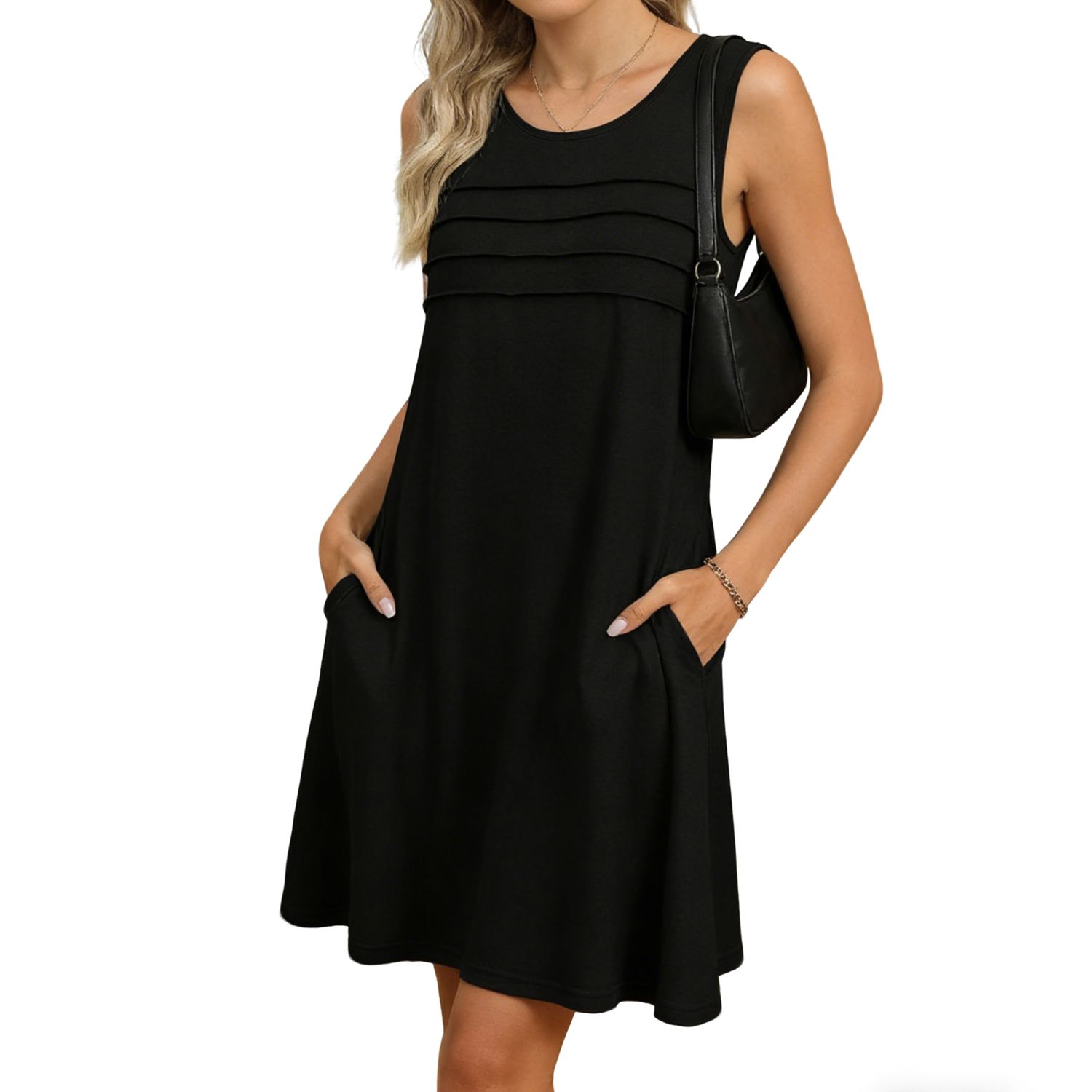 Женские платья Sleeveless Pleated Swing Pockets Dress - Round Neck Flowy A-Line Casual Summer Midi Dress