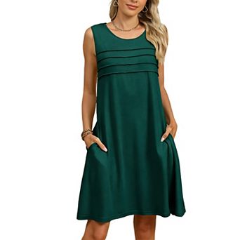 Women's Sleeveless Pleated Swing Pockets Dress - Round Neck Flowy A-Line Casual Summer Midi Dress