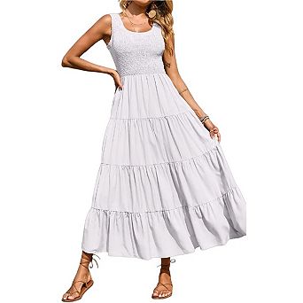 Women's Casual Loose Plain Maxi Sundress Smocked Tank Dress Sleeveless Beach Tiered Long Dresses