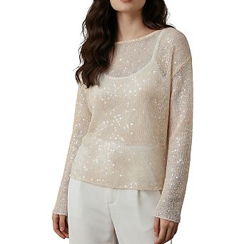 Women's Sheer Knit Long Sleeve Top with Sparkle Detail Boat Neck Loose Fit Shirts
