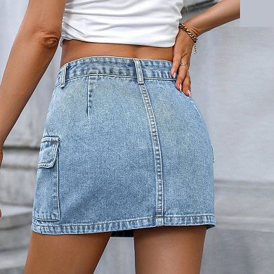Women's High Waisted Cargo Mini Skirt - Washed Denim Skirt with Pockets & Button Fly for Summer
