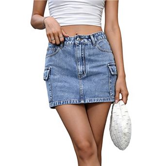 Women's High Waisted Cargo Mini Skirt - Washed Denim Skirt with Pockets & Button Fly for Summer