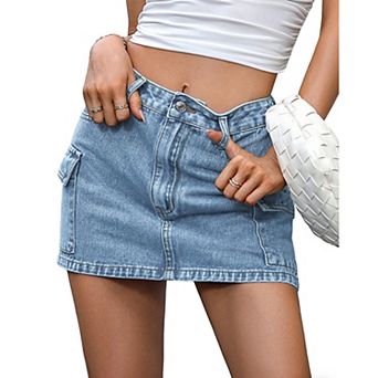 Women's High Waisted Cargo Mini Skirt - Washed Denim Skirt with Pockets & Button Fly for Summer