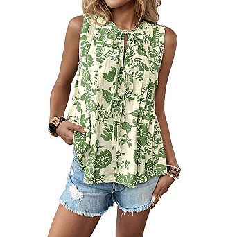 Women's Printed Pleated Tie-Waist Sleeveless Vest Top