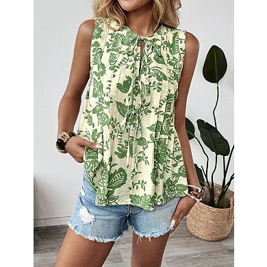 Women's Printed Pleated Tie-Waist Sleeveless Vest Top