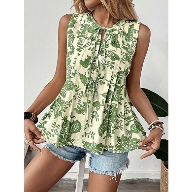 Women's Printed Pleated Tie-Waist Sleeveless Vest Top