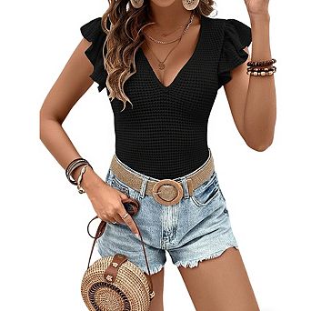 Women's Ruffled Sleeve Waffle Knit Top V Neck Fitted Summer Tops