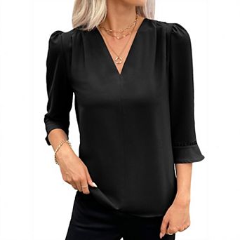 Women's Summer Pleated V Neck Lace 3/4 Flare Long Sleeve Blouse Casual Office Work Top Soft Shirt