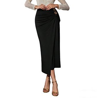 Women's Ruched Midi Skirt High Waisted Skirt with Floral Buttons & Back Slit for Formal Party Wear