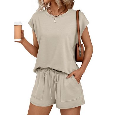Womens Crew Neck Two Piece Lounge Short Sets Cap Sleeve Drawstring Sweatsuit with Pocket